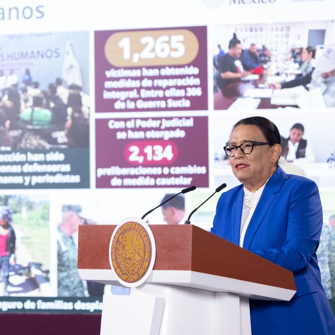 Rosa Icela Rodríguez habla durante su informe en Palacio Nacional.